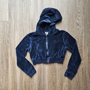H&M Divided Velour Cropped Hoodie Zip Up Navy Blue Long Sleeve Women's XS Casual